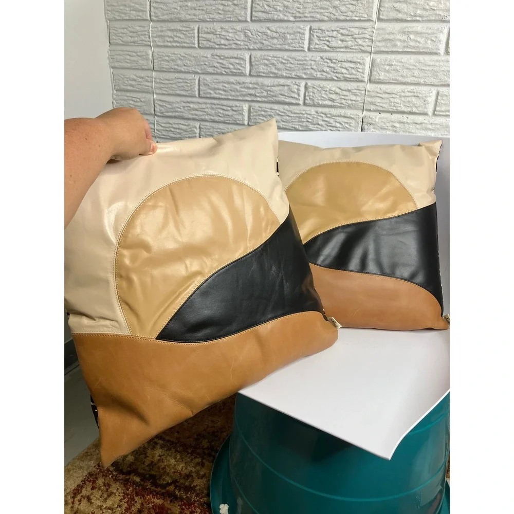 Sseko Throw Pillows Unisex 18x18 Tan Black Excellent Leather Colorblock 2pc Set